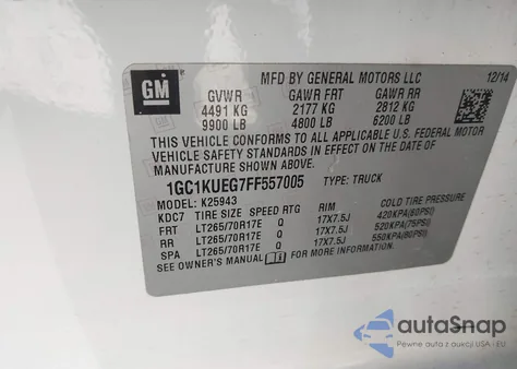 2015 Chevrolet Silverado 2500Hd Wt из США, поврежденный, VIN 1GC1KUEG7FF557005